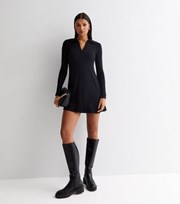 New Look Black Ribbed Jersey Collared Long Sleeve Mini Dress